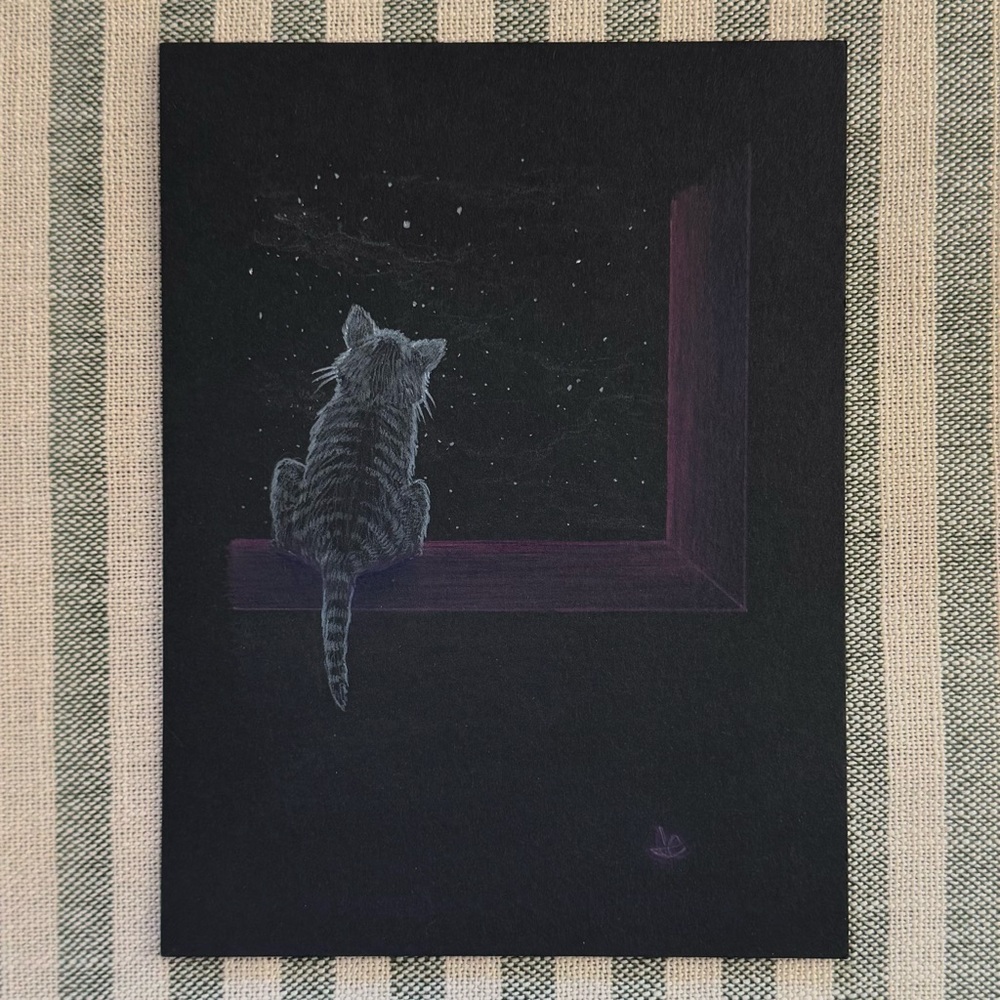 Night Window Cat - Original Pencil Drawing - Desk/Wall Art 6”x8”